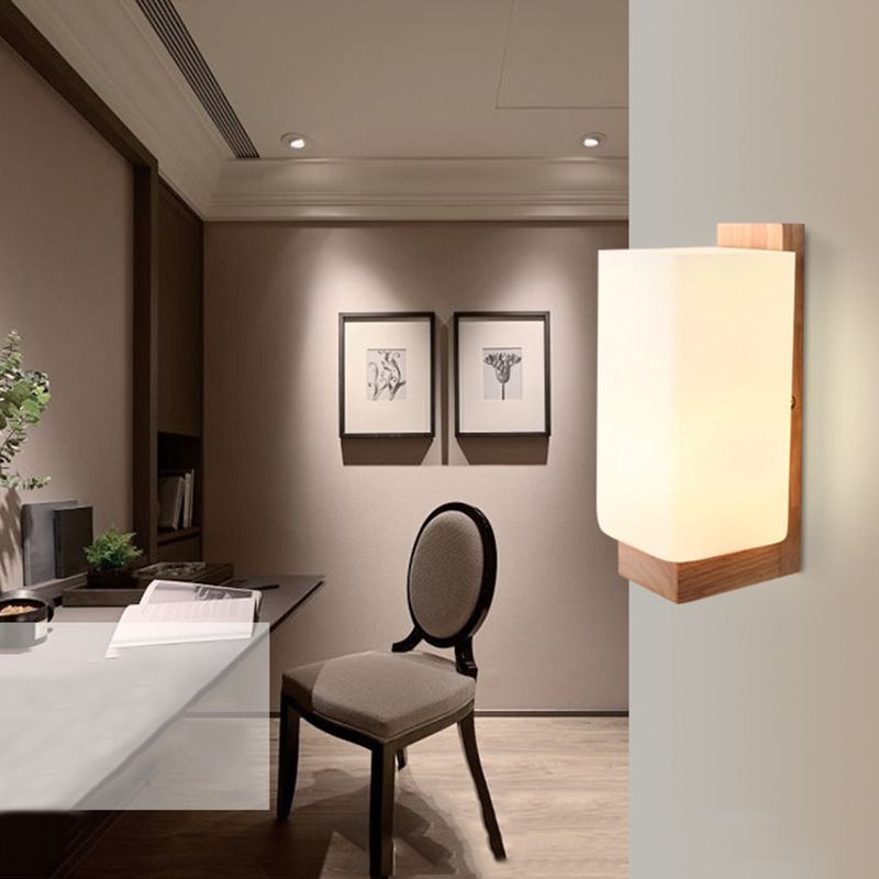 Log Color Rectangular Wall Sconce in Modern Concise Style Wooden 1-Light Wall Lamp with Glass Shade