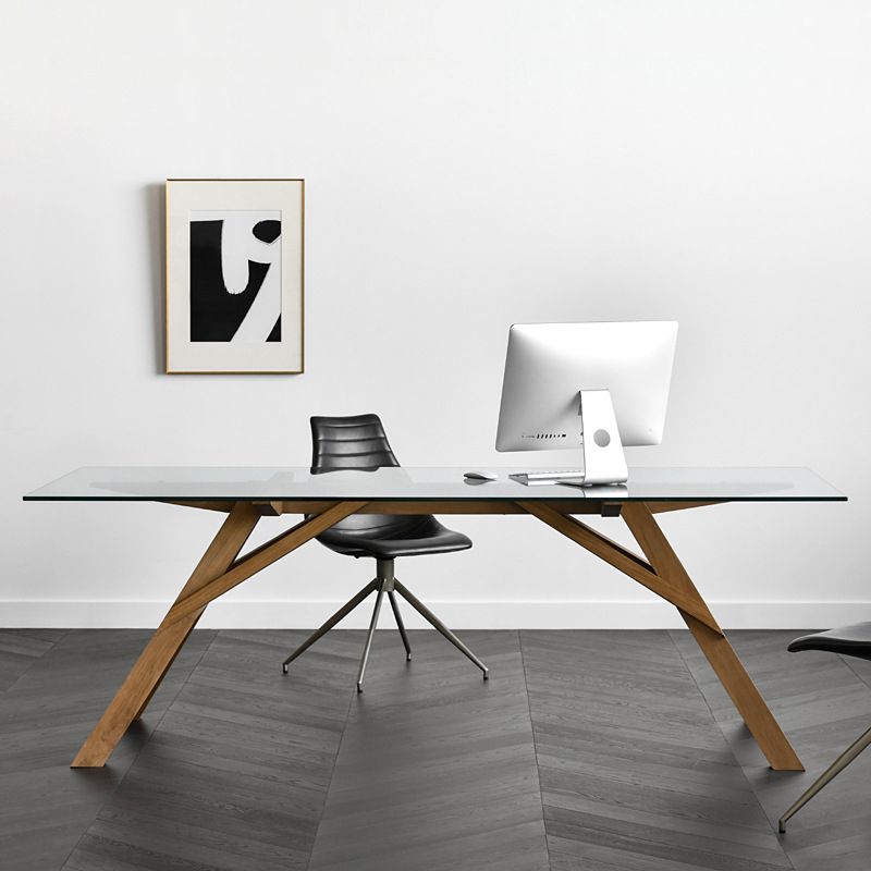 Glass Top Dining Table Modern Dining Table with Solid Wood Base