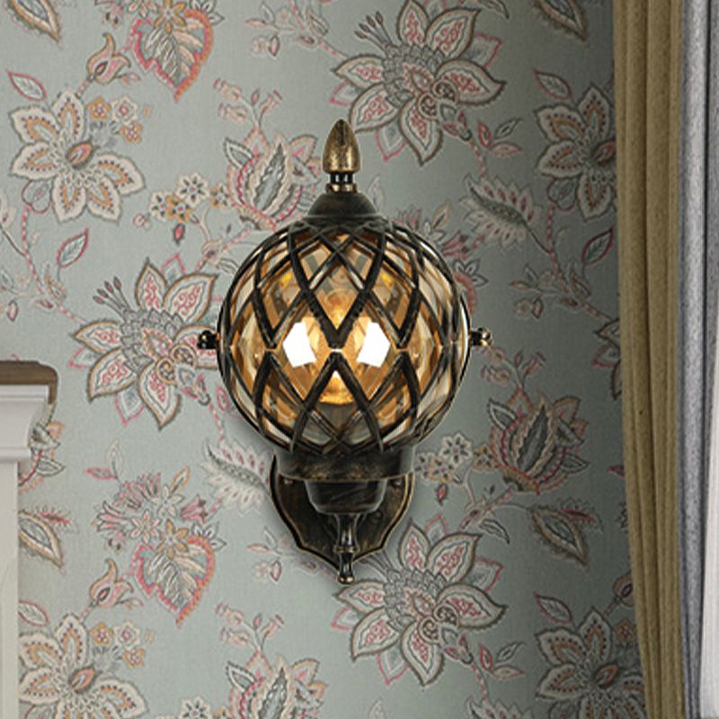 1 Light Amber Glass Wall Sconce Light Industrial Black Globe Dining Room Lighting Fixture with Cage