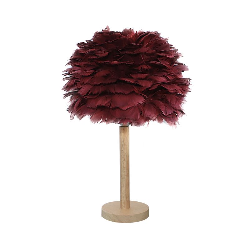 Feather Flower-Like Night Lamp Modern 1-Light Grey/Blue/Burgundy and Wood Table Light for Bedroom