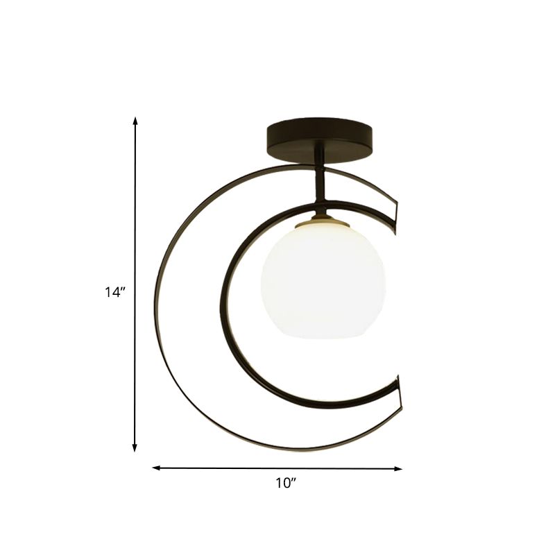 Modern Globe Semi Flush Light White Glass 1-Light Bedroom Ceiling Mounted Lamp in Black with Moon Iron Frame