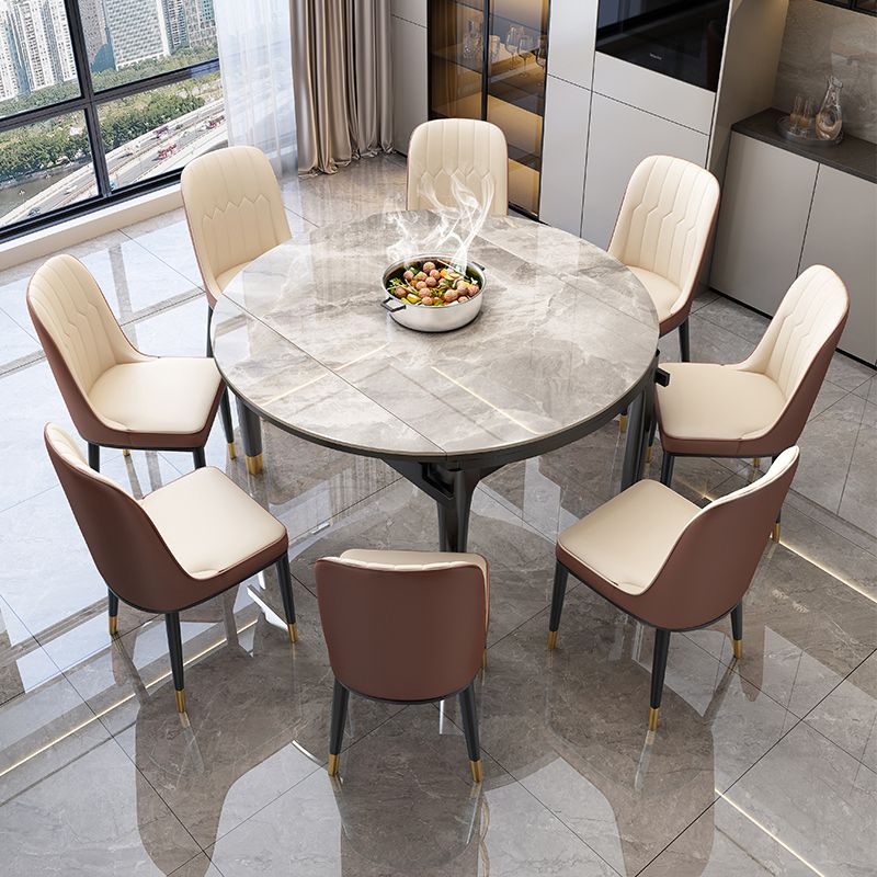 Contemporary Round Gray Stone Dining Table with Solid Wood Legs