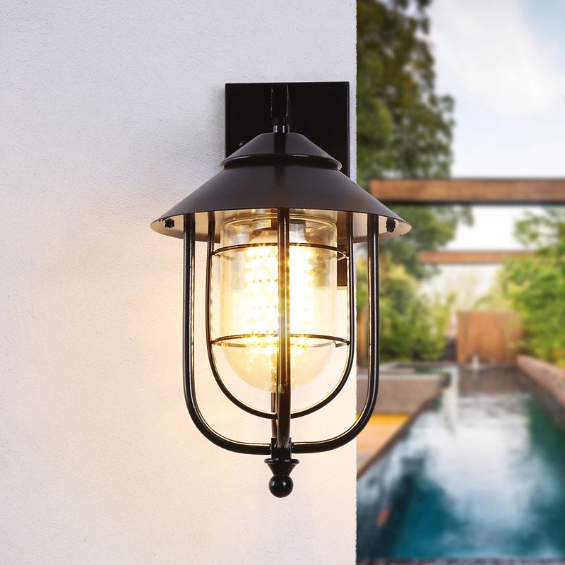 Black Half-Capsule Mur Lantern Farmhouse Glass transparent 1 ampoule Mur extérieur Light