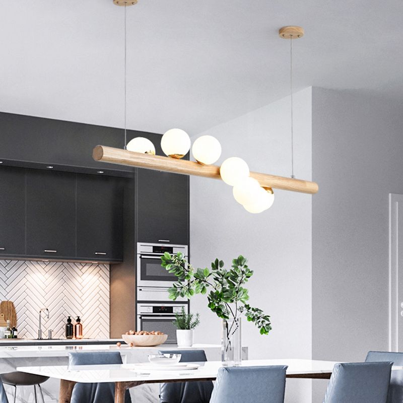 Modern Simple Wooden Hanging Lamp Ball Shape Shade Island Light Fixture for Dining Table