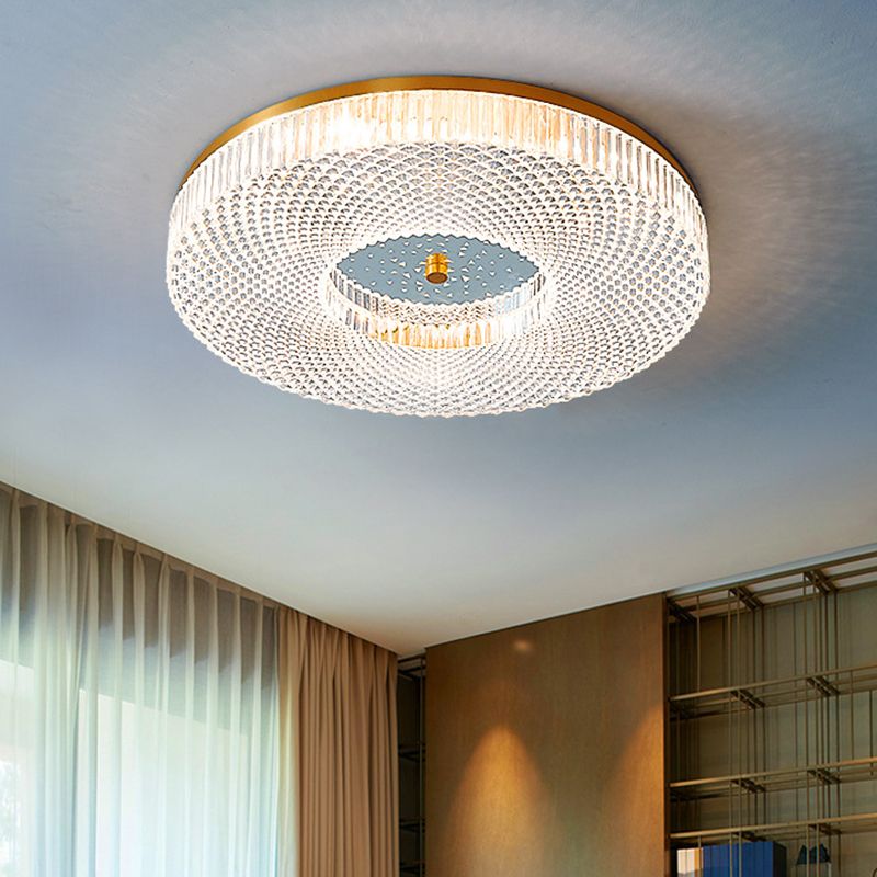 Circular Bedroom Flush Ceiling Light Lattice Crystal Minimalist LED Flush Mount Fixture in Brass