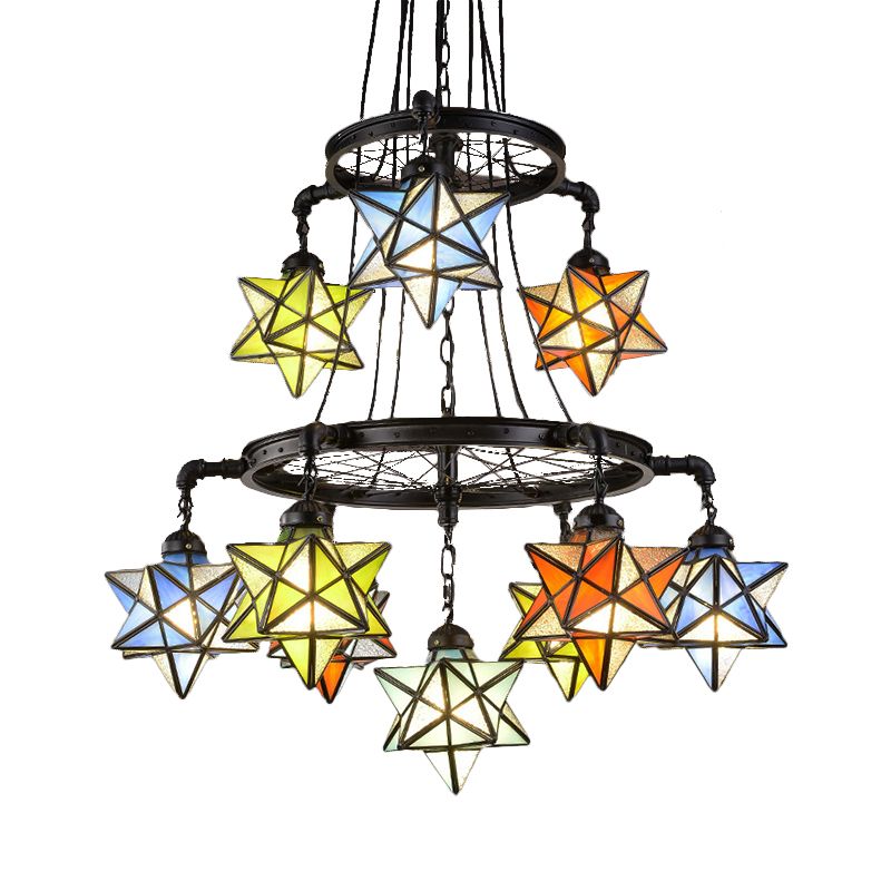 2 Tiers Star Chandelier Lamp Vintage Stained Glass Ceiling Light Fixture in Black Finish