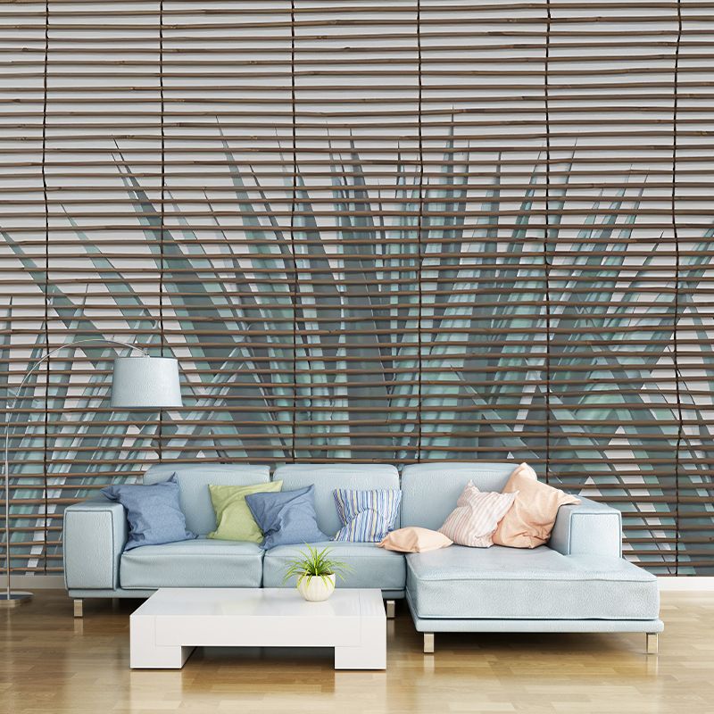 Custom Illustration Tropix Mural Wallpaper with Pleated Shades and Aloe Vera Pattern in Green