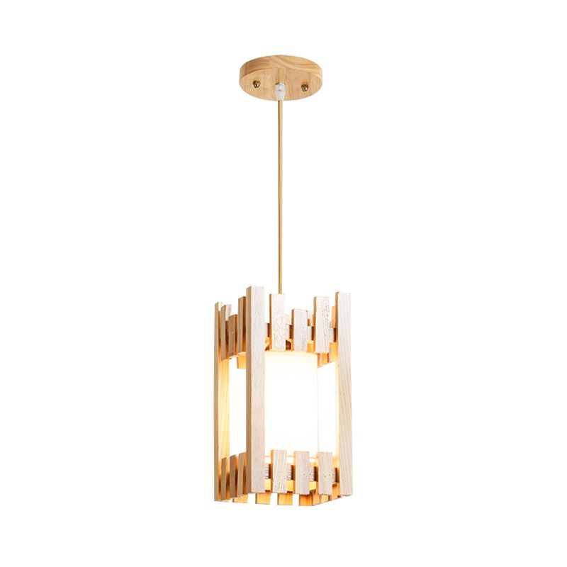 Cylinder Shade Bistro Pendant Light Fabric 1 Head Asia Suspension Lighting with Wood Cage Guard