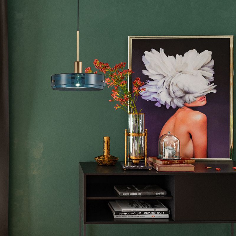 Dark Blue Cylindrical Glass Suspension Light Post-modern Style Minimalism Single Bulb Hanging Light