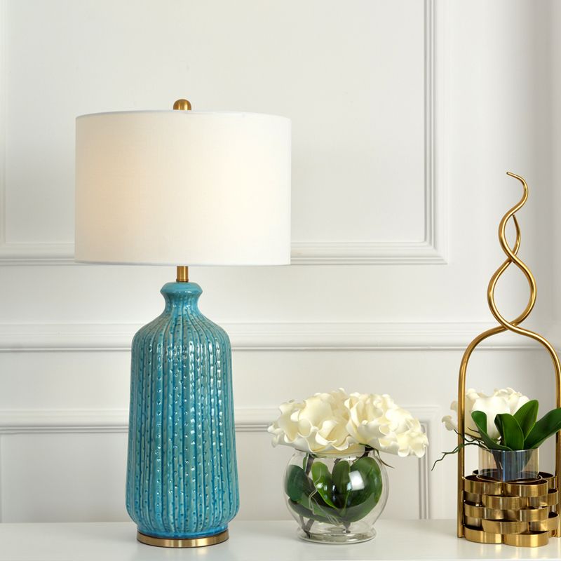 Classic Drum Night Table Lighting 1-Light Fabric Nightstand Light in White with Blue Pot Vase Base