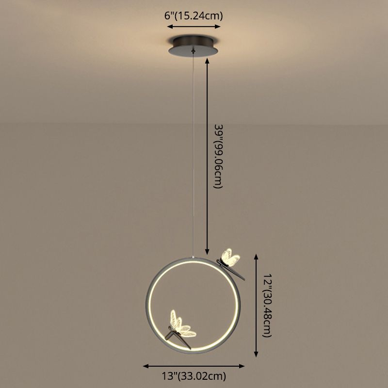 Metal Circle Hanging Pendant Light Modern LED Pendant Ceiling Light with Dragonfly Decor