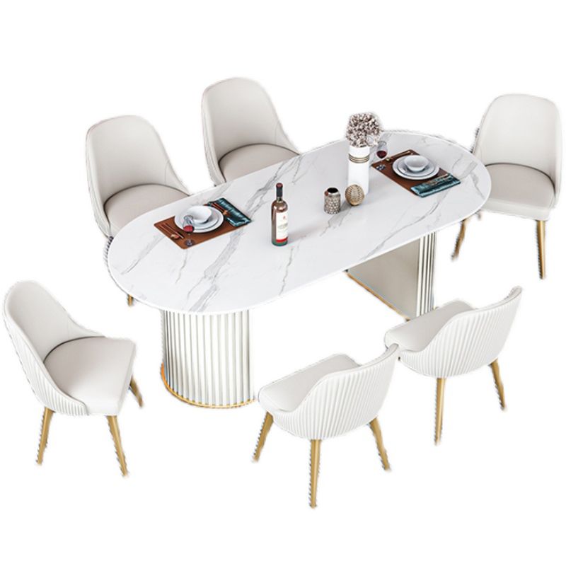 Glam Sintered Stone Top Kitchen Dining Table Oval Standard Dining Table with Double Pedestal Bases