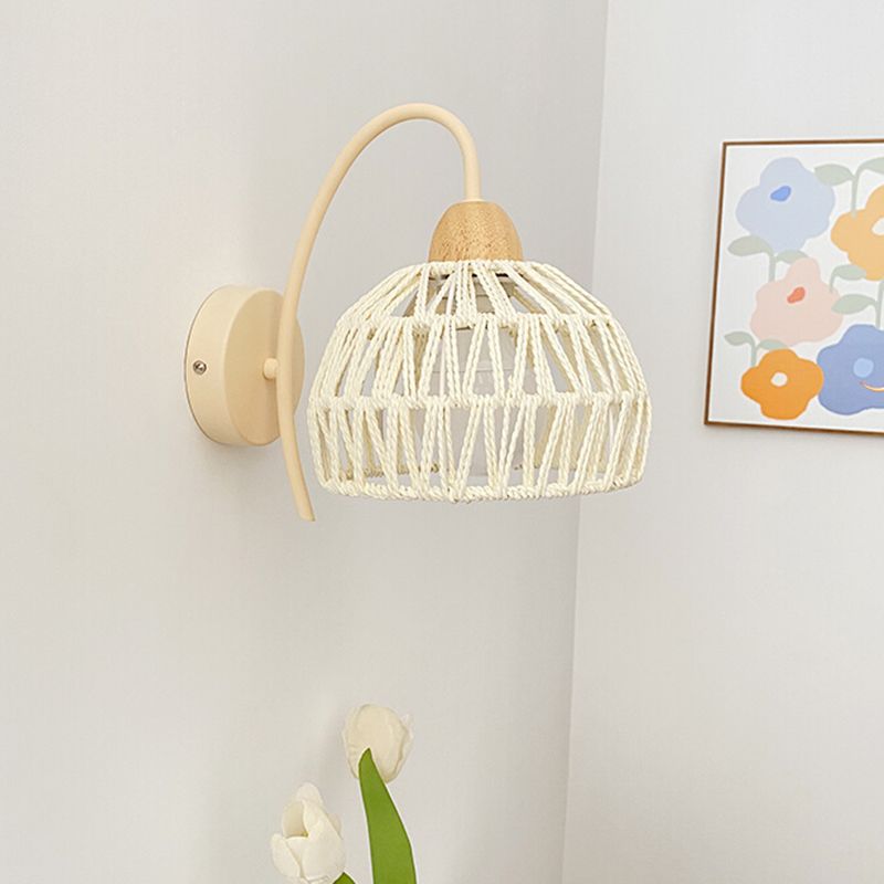 Single Light Wood Wall Sconce Rattan Dome Shade Wall Lighting in White