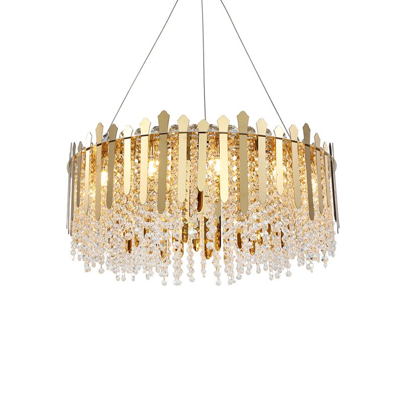6 Lights Living Room Hanging Light Kit Brass Chandelier Light with Drum Crystal Strand Shade