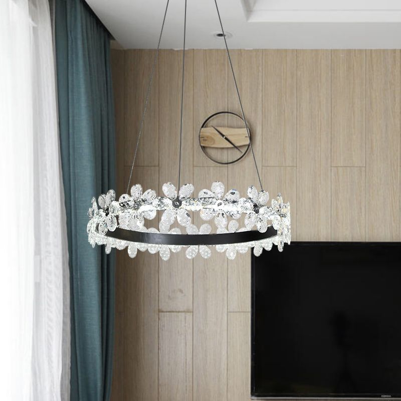 Kit di luce sospesa a cerchio nero a 1/2 livelli Minimalistic Crystal Flower Living Room LED Lampone Illuminazione