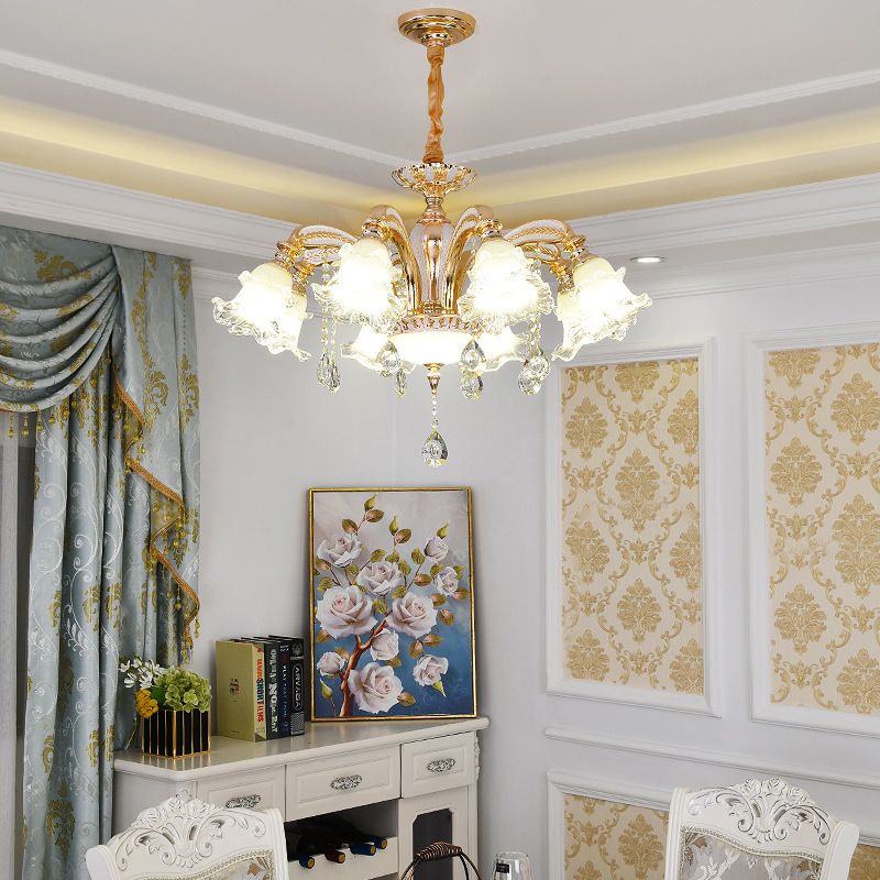 Flower Clear Glass Suspension Light Traditional 8 Heads Living Room Chandelier Lighting in Gold