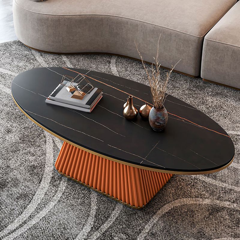 Square Block Base Design Rock Plate Top Metal Base Oval Coffee Table
