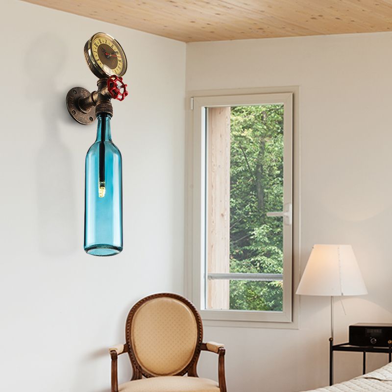 Brown/Blue Bottle Wall Sconce Lamp Vintage Stylish Glass 1 Bulb Living Room Wall Lighting with Gauge and Valve