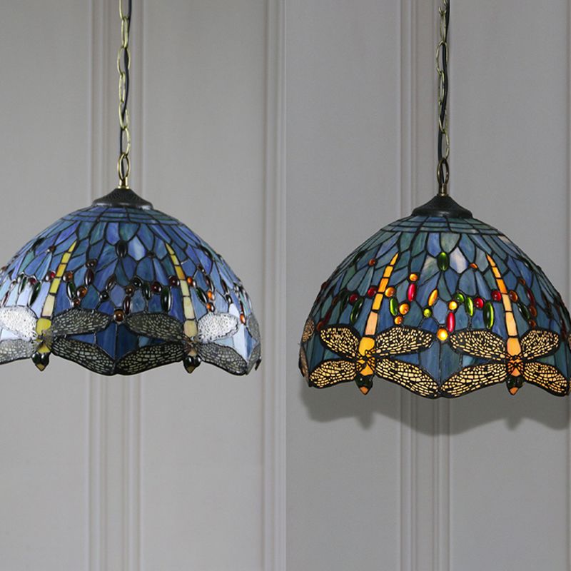 Stained Glass Domed Hanging Ceiling Light Tiffany Style Blue Pendant Lighting Fixture