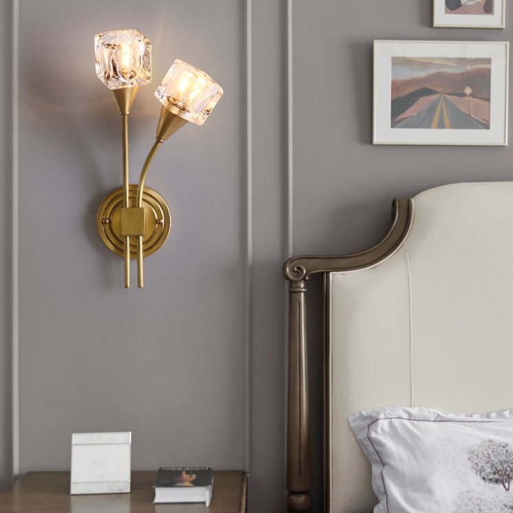 2-Light Gold Wall Lamp in Modern Luxury Style Copper Wall Sconce with Crystal Shade