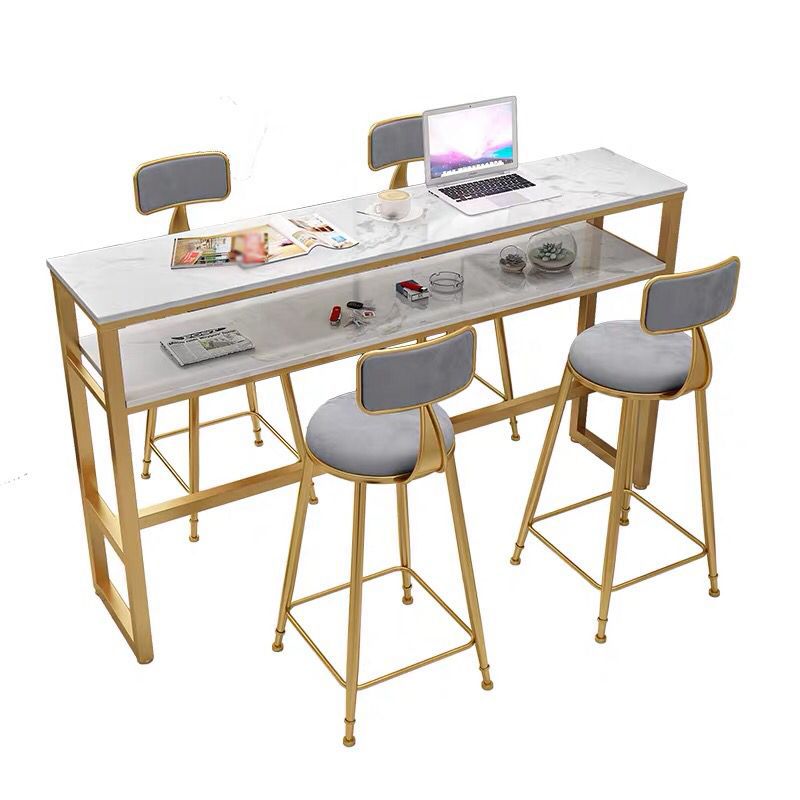Glam White Marble Pub Table with Rectangle Table Top Gold Trestle Table - 42" H