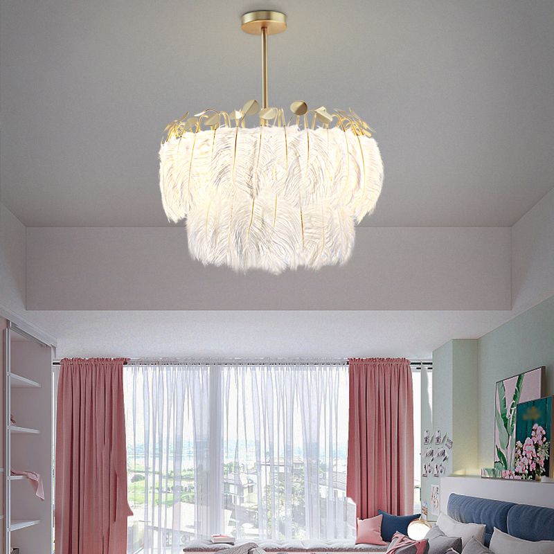 Round Chandelier Light Fixture Postmodern Feather White Hanging Lamp for Bedroom