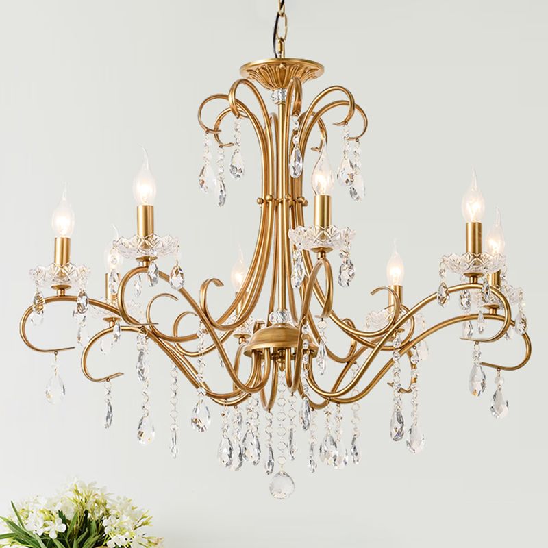 8 Lights Crystal Chandelier Light Countryside Gold Candlestick Living Room Hanging Lamp