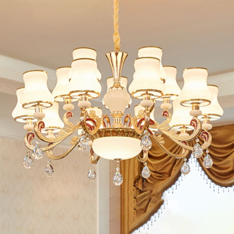 White Glass Bud Ceiling Lighting Traditional Living Room Chandelier Light Fixture with Crystal Draping