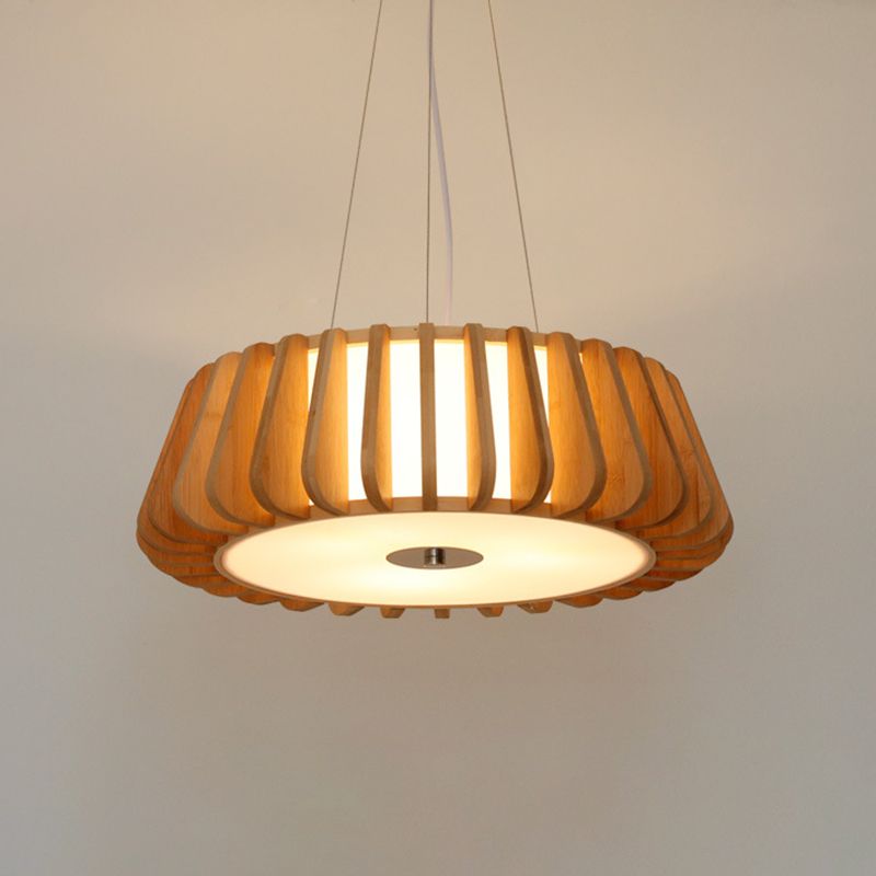 Japanese Bamboo Pendant Light Fixture 1-Light Drum Beige Hanging Ceiling Light