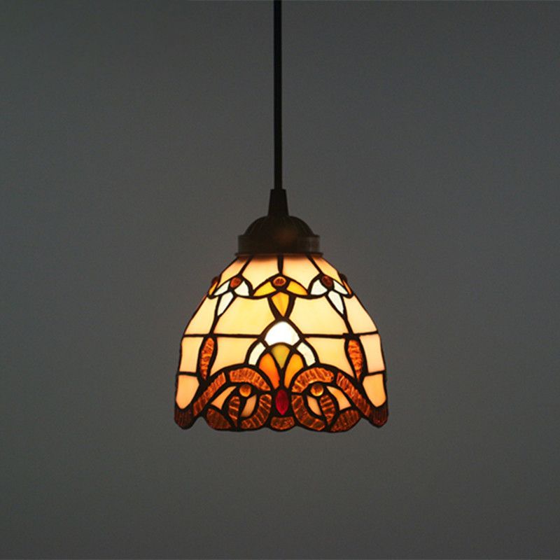 Baroque Domed Pendant Light Stained Glass Hanging Ceiling Light in Brown for Restaurant