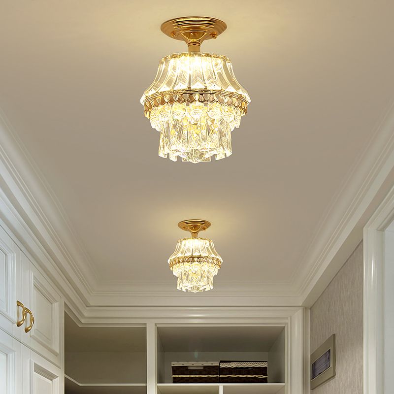 Rectangle-Cut Crystal Tiered Semi Flush Contemporary LED Ceiling Mount Light Fixture in Gold