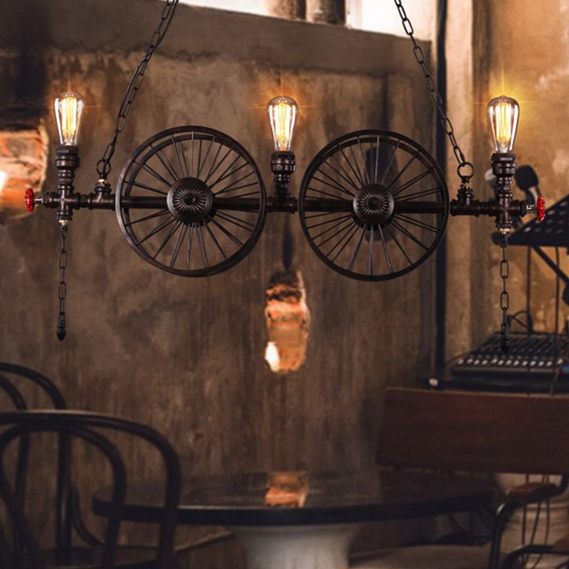 Wagon Wheel Metallic Pendant Light Antique 3 Heads Restaurant Hanging Island Light with Decorative Valve