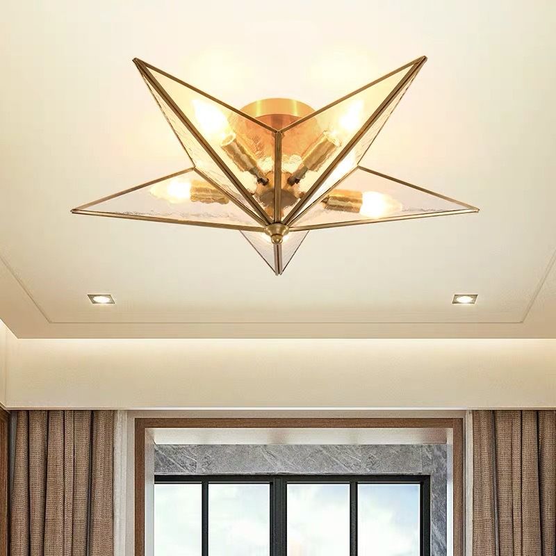 Getextureerde glazen ster inbouw traditionele 5 lampen messing plafondmontage kroonluchter voor woonkamer