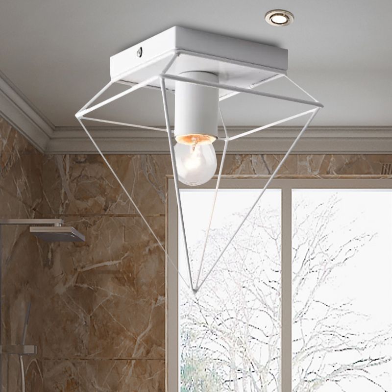 1 Light Cage Diamond Flush Mount Ceiling Light Loft Stylish Black/White Metallic Ceiling Lamp for Study Room