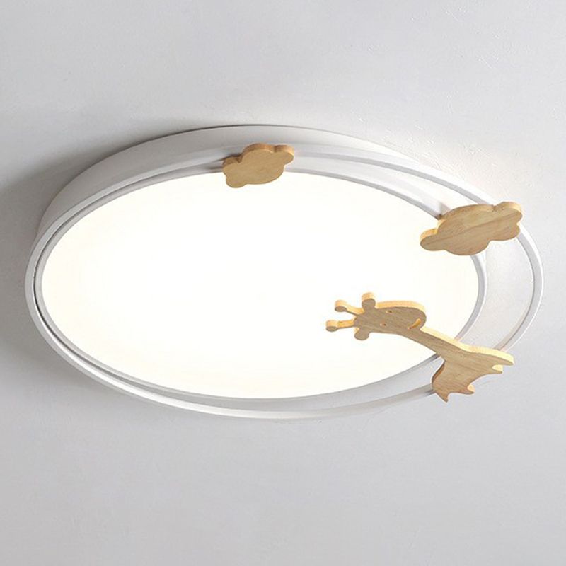 Circular Flush Mount Lighting Cartoon Metallic Kids Bedroom LED Flush Mount Fixture with Wooden Decor