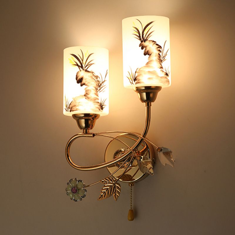 Lámpara de pared cilíndrica de vidrio de pintura a mano 2 luces de oro de 2 luces de oro