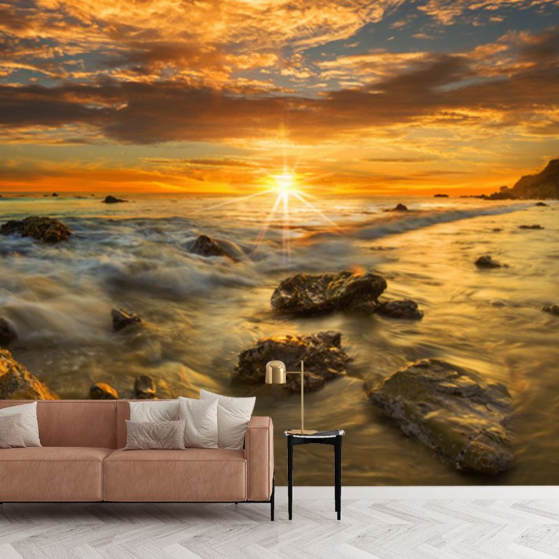 Stunning Seashore Sunset Mural Wallpaper for Home, Yellow-Blue, Personalized Size