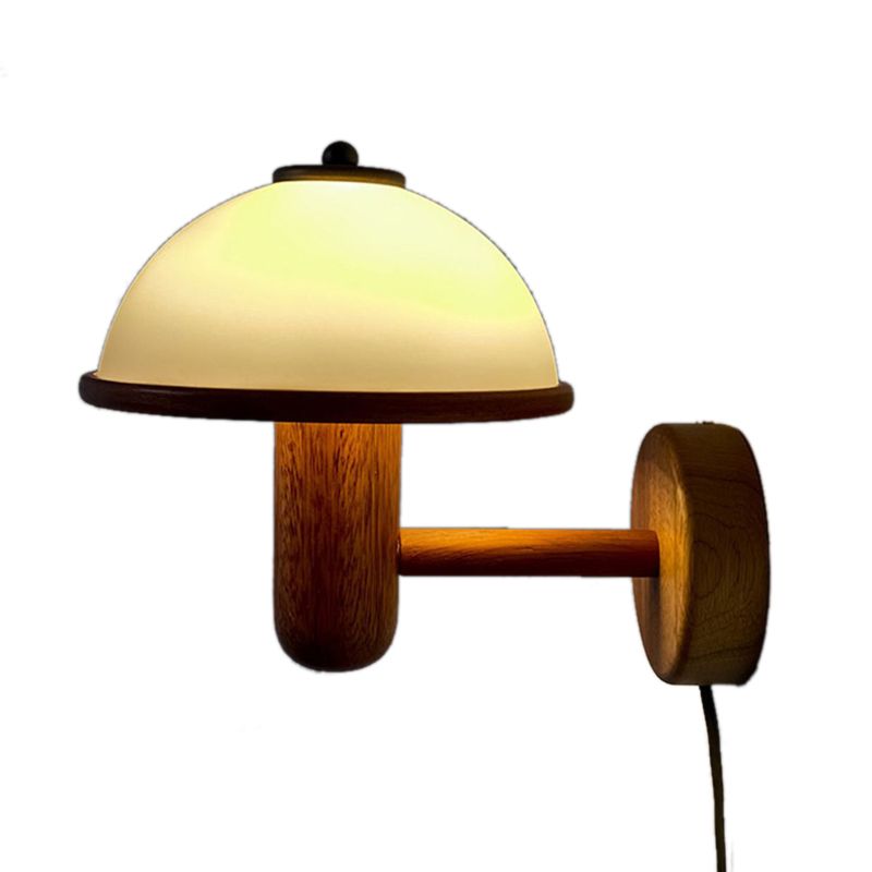 Modern Wood Wall Sconce Mushroom Shape Wall Light with Metal Shade for Living Room