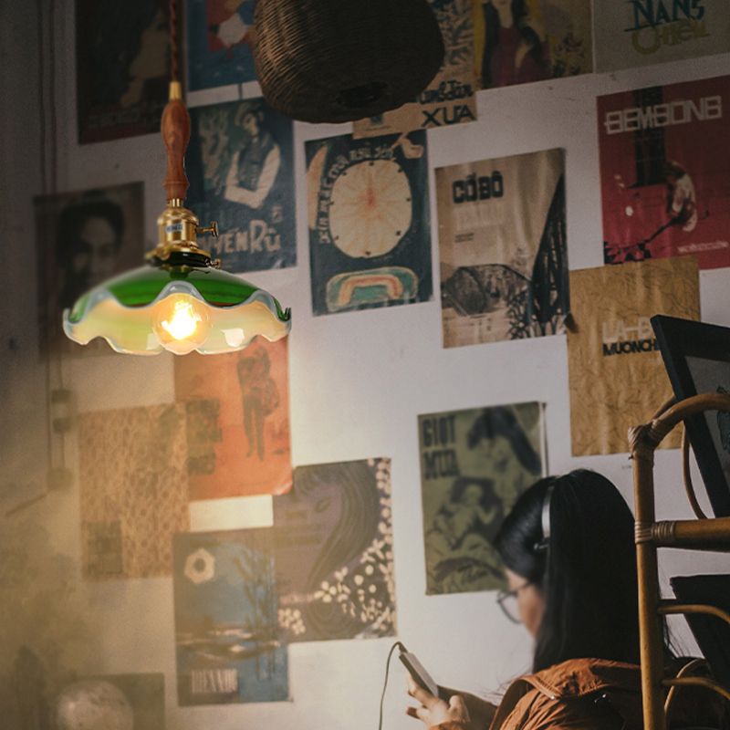 Ottone piccolo illuminazione a sospensione in vetro verde vintage lampada appesa a 1 testa con interruttore rotante