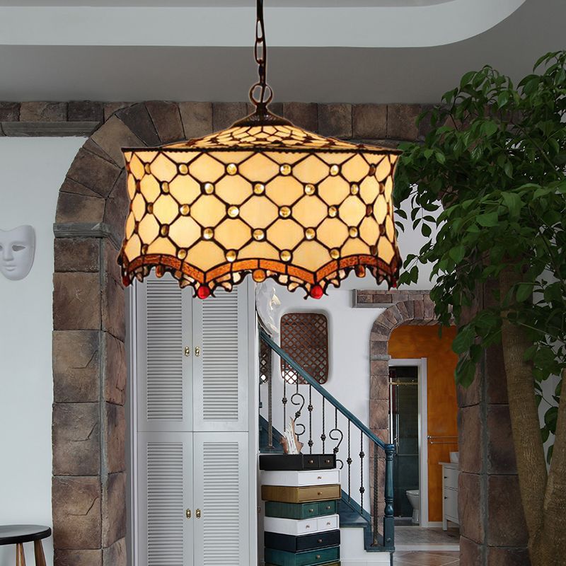 Beige Jeweled Ceiling Lamp Tiffany Stylish 3 Heads Stainless Glass Pendant Lighting with Drum Shade