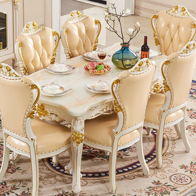 Victorian Marble Table Set of 5/7 with Rectangle Table Caved Dining Set with Leather Chairs