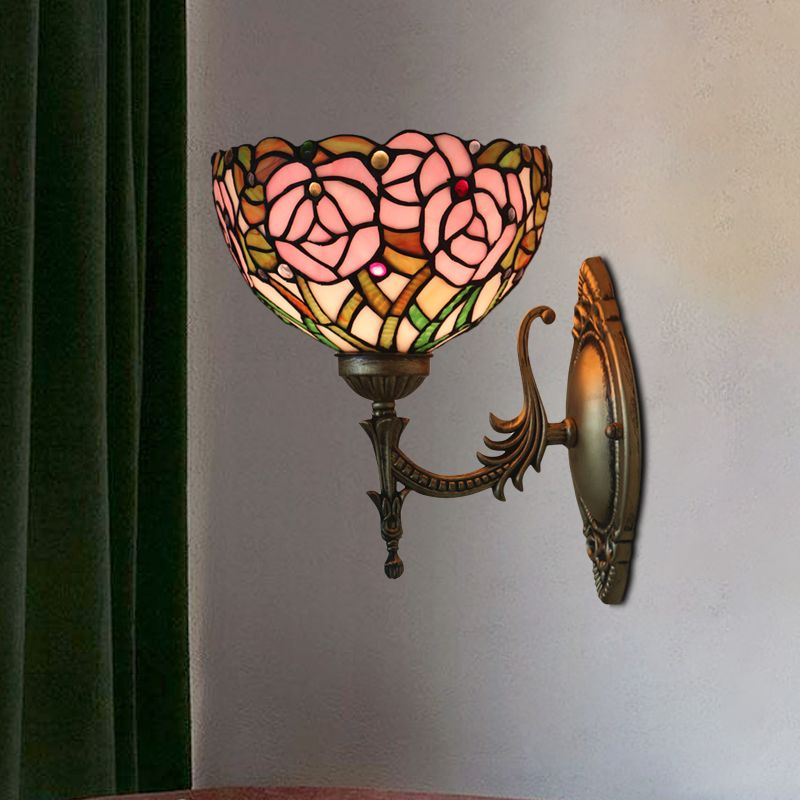 Pink Rose Wall Mount Lighting Tiffany 1 Bulb Stained Glass Sconce with Bronze Carved Arm