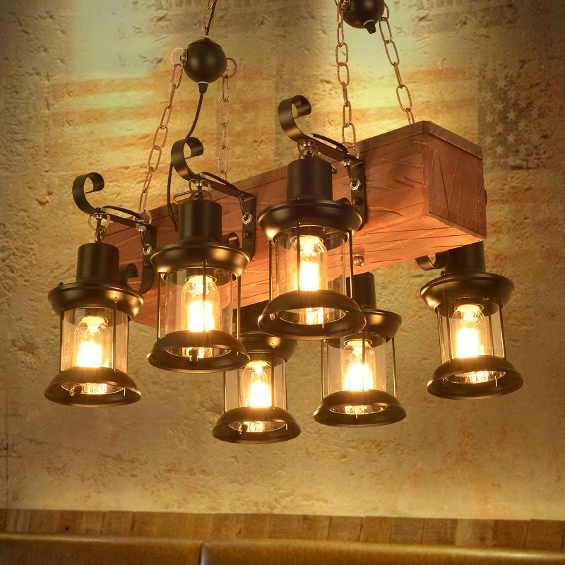 6-Lights Industrial Styl Island Pendants Wood Pendant Lights for Restaurant