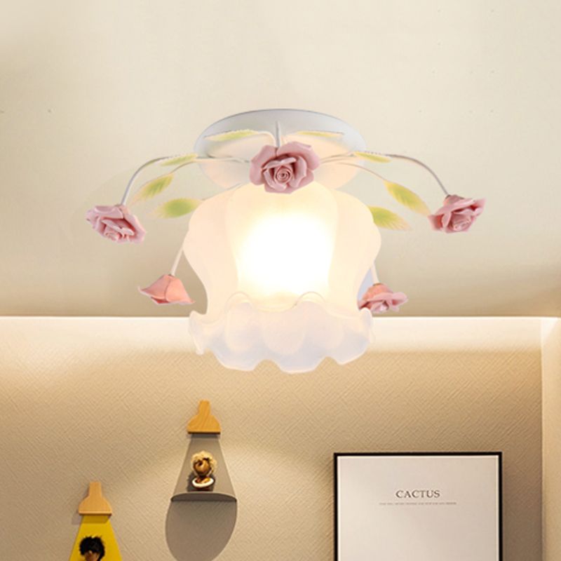 Flowerbud Cream Matte Glass Semi Flush Pastoral 1 Bulb Corridor Ceiling Mount Light in Yellow-Pink/White-Pink