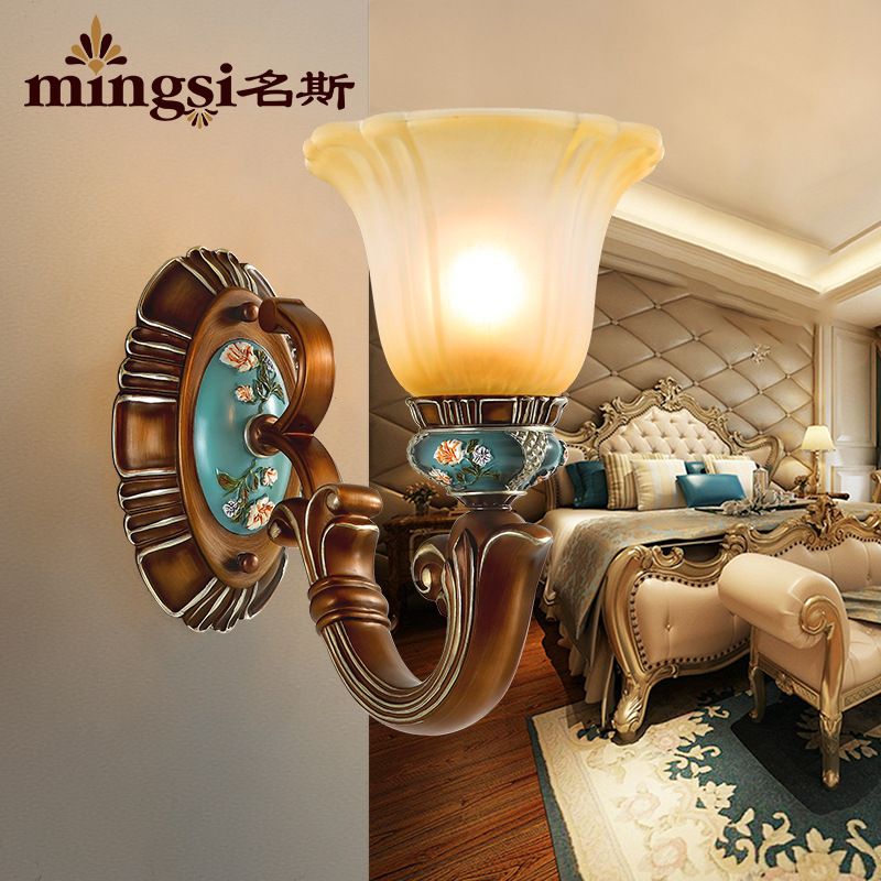 Brown 1-Head Wall Mounted Light Farmhouse Opaline Glass Blossom Etching Pattern Wall Sconce Lighting