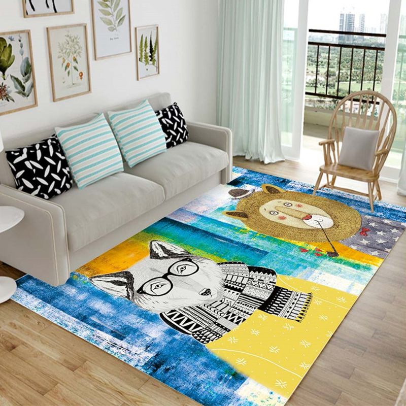 Cartoon Animal Drawing Print Rug Multi Colored Synthetics Rug Anti-Slip Backing Stain Resistant Washable Rug for Living Room
