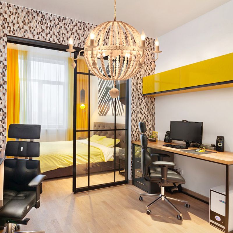 Cottage Sphere Beaded Chandelier 25.5"/31" Dia 9-Light White Wood Suspended Lighting Fixture