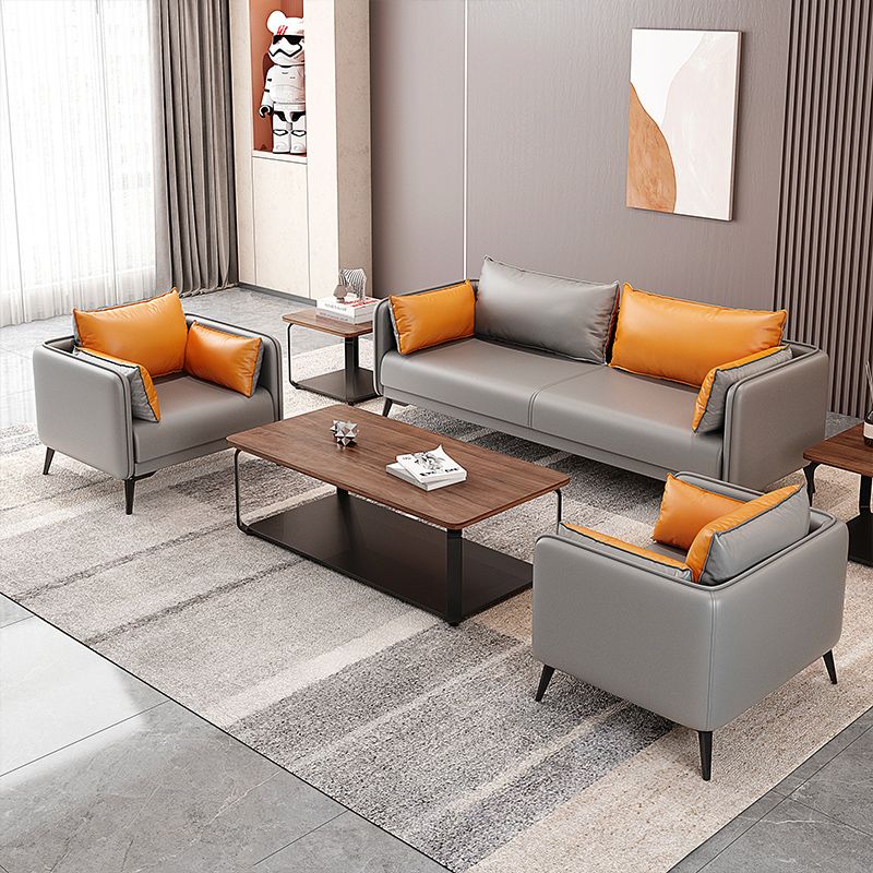 24.8" High Glam Sofa Faux Leather/Genuine Leather Tuxedo Arm Sofa with Pillows