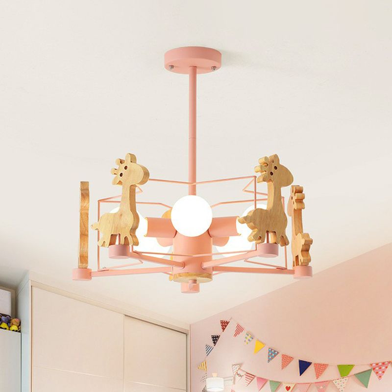 Macaron Caged Suspension Light Metallic 6 Heads Kids Bedroom Chandelier Light with Wooden Deer Decor