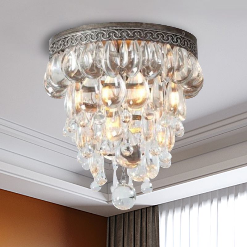 Crystal Drop Conical Flush Ceiling Light Countryside 3 Heads Corridor Flushmount Lighting in Bronze